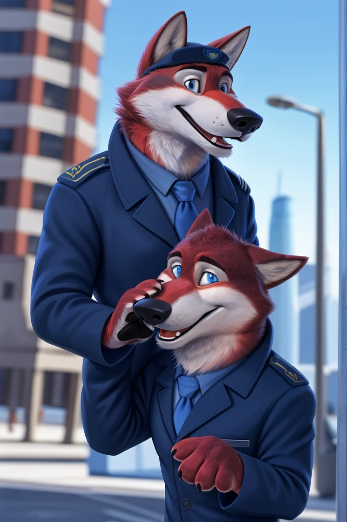 Ivan Wolfbach (Almaty, Kazakhstan),high,Beautiful,slim,24 years,wolf, red fur,high Beautiful wolf, 24 years,(red body:1.3),beautiful blue eyes,Almaty, Kazakhstan,Kazakhstan,dressed,Pilot's uniform,китель blazer командира воздушного судна,pilot uniform, stripe, cap, blazer, shirt, tie, trousers,canine, wolf, detailed fur, male, antro, paw pads, finger claws, at viewer, 5 fingers, paws, 5 fingers,morning,digital photography, soft focus,good mood,photorealism, realistic, photorealistic,digital style,from close walks around the city, Very close to the camera, digital photography, smile positive, good,mood,flag of Russia, open mouth laughter,
masterpiece, Best quality, ultra realistic, 8 k)