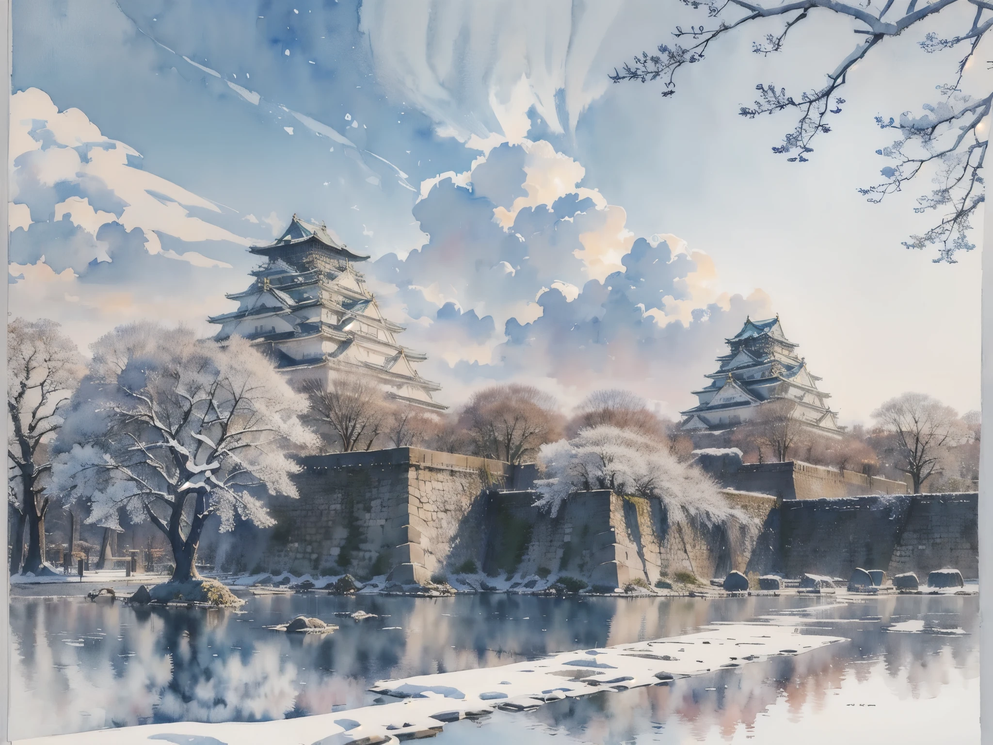 (masterpiece),(Highest quality:1.2),(Very detailed:1.2),(High resolution),(((watercolor))),8K,wallpaper,Osaka Castle,((winter)),(osakajou, cloud, tree, sky, outdoors, scenery, architecture, day, building, cloudy sky, road, blue sky, real world location)