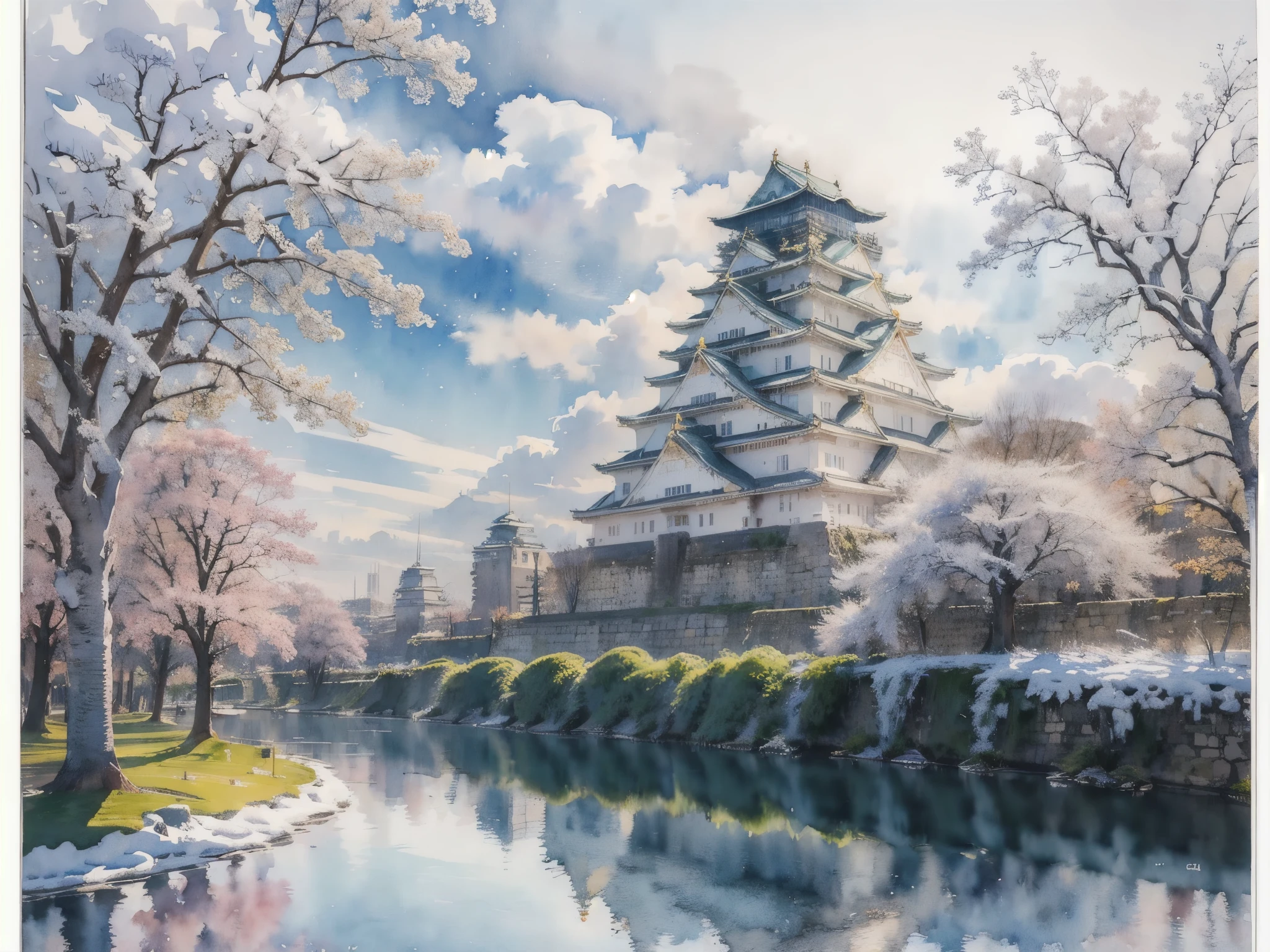 (masterpiece),(Highest quality:1.2),(Very detailed:1.2),(High resolution),(((watercolor))),8K,wallpaper,Osaka Castle,((winter)),(osakajou, cloud, tree, sky, outdoors, scenery, architecture, day, building, cloudy sky, road, blue sky, real world location)