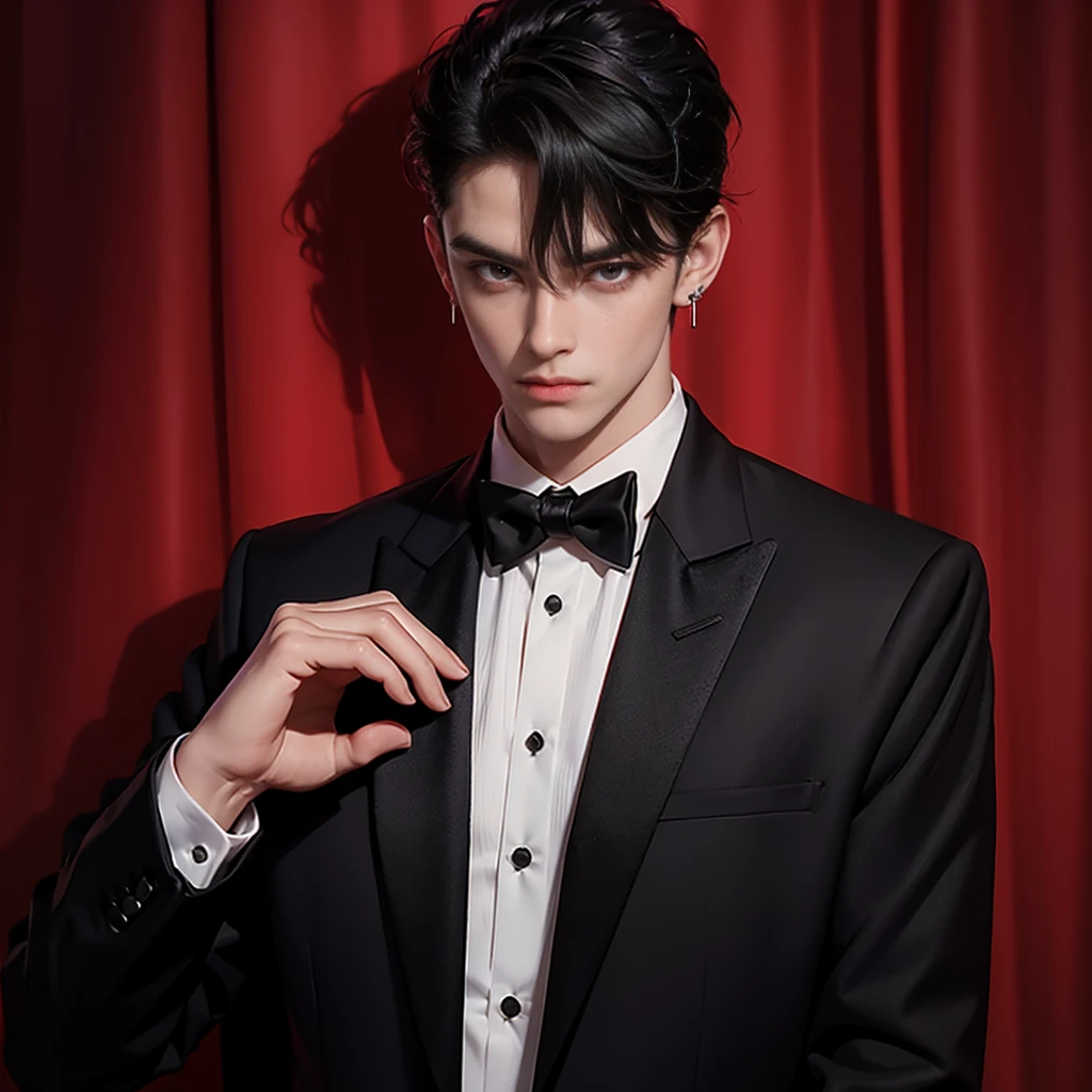 A man with shining red eyes and black curtain mullet haircut wearing tuxedo,wearing earrings,have tato on his neck,full body picture only him alone,close up face
