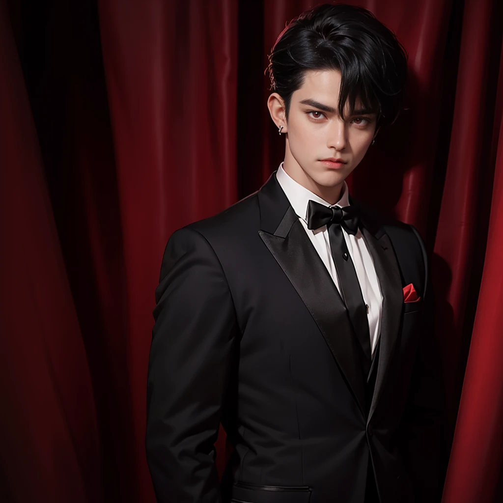 A man with shining red eyes and black curtain mullet haircut wearing tuxedo,wearing earrings,have tato on his neck,full body picture only him alone,close up face