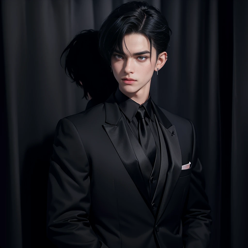 A man with shining red eyes and black curtain mullet haircut wearing tuxedo,wearing earrings,have tato on his neck,full body picture only him alone,close up face