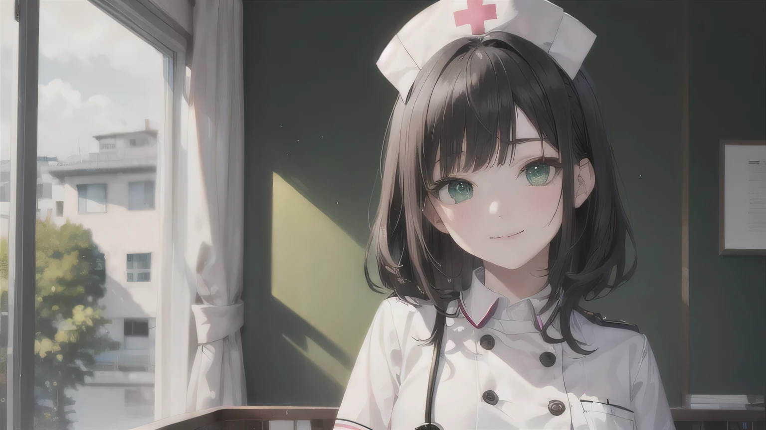 One Girl,20-year-old,Beautiful Face,Upper Body,Medium Sidecut, Black Hair, Sharp focus,Nurse uniform、A shy smile、Gentle eyes、Droopy eyes、Green Eyes