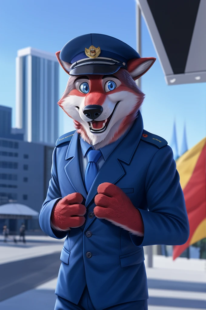 Ivan Wolfbach (Almaty, Kazakhstan),high,Beautiful,slim,24 years,wolf, red fur,high Beautiful wolf, 24 years,(red body:1.3),beautiful blue eyes,Almaty, Kazakhstan,Kazakhstan,dressed,Pilot's uniform,китель blazer командира воздушного судна,pilot uniform, stripe, cap, blazer, shirt, tie, trousers,canine, wolf, detailed fur, male, antro, paw pads, finger claws, at viewer, 5 fingers, paws, 5 fingers,morning,digital photography, soft focus,good mood,photorealism, realistic, photorealistic,digital style,from close walks around the city, Very close to the camera, digital photography, smile positive, good,mood,flag of Russia, open mouth laughter, 
masterpiece, Best quality, ultra realistic, 8 k)