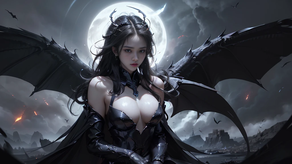 (Realistic picture, highest resolution, 16K), (A demon god with wide wings and enormous power on his shoulders..., Twelve wings on the shoulders., black bat wings:1.3 white angel wings:1.5), Have wings 100 Have wings 1000, (Beautiful girl with two meter long hair, shiny black hair, Smooth white skin, very red lips), ((stand, already)), (หน้าอกbig, หัวbig tits), (gigantic breast, small waist, hips raised, small thighs, Long legs), (dynamic poses), Separate theme, (Angel wings and devil wings), floating in the air above the ground, background darkness, Embraced with twelve wings, ปีกSeparate themeชัดเจน, Angel wings and devil wings, white and black, ทรงสวมมงกุฏขนาดbig, The busiest breasts, big , Porn, just, exposed body, tight, All smooth., see the whole body, full body,