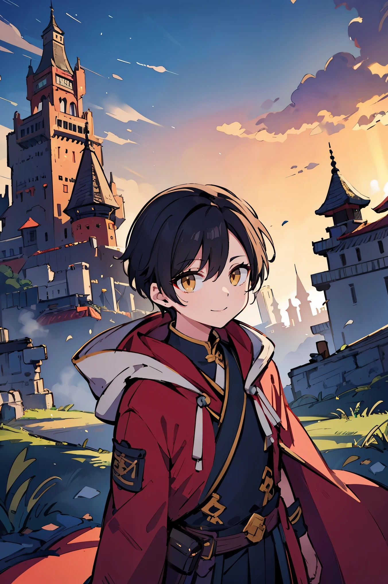 hui xiyi, rekkyou sensen, rekkyo sensen, black hair, yellow eyes, boy, male, hoodies, background with((fantasy world, ruin, castle, beautiful sky, shining sky, sunshine))