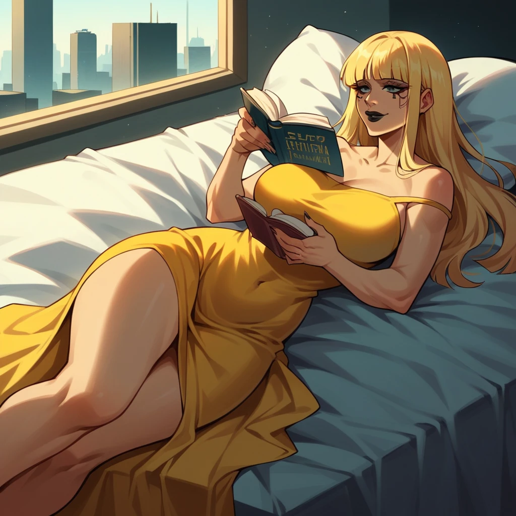 black buff strong woman character, buff body, tall woman, black skin, strong arms, long fringe hair, blonde hair, blonde fringe hair, golden scales, black lips, yellow dress, egypt hair, milf, morning, cyberpunk city, lying, reading a book, shy smile