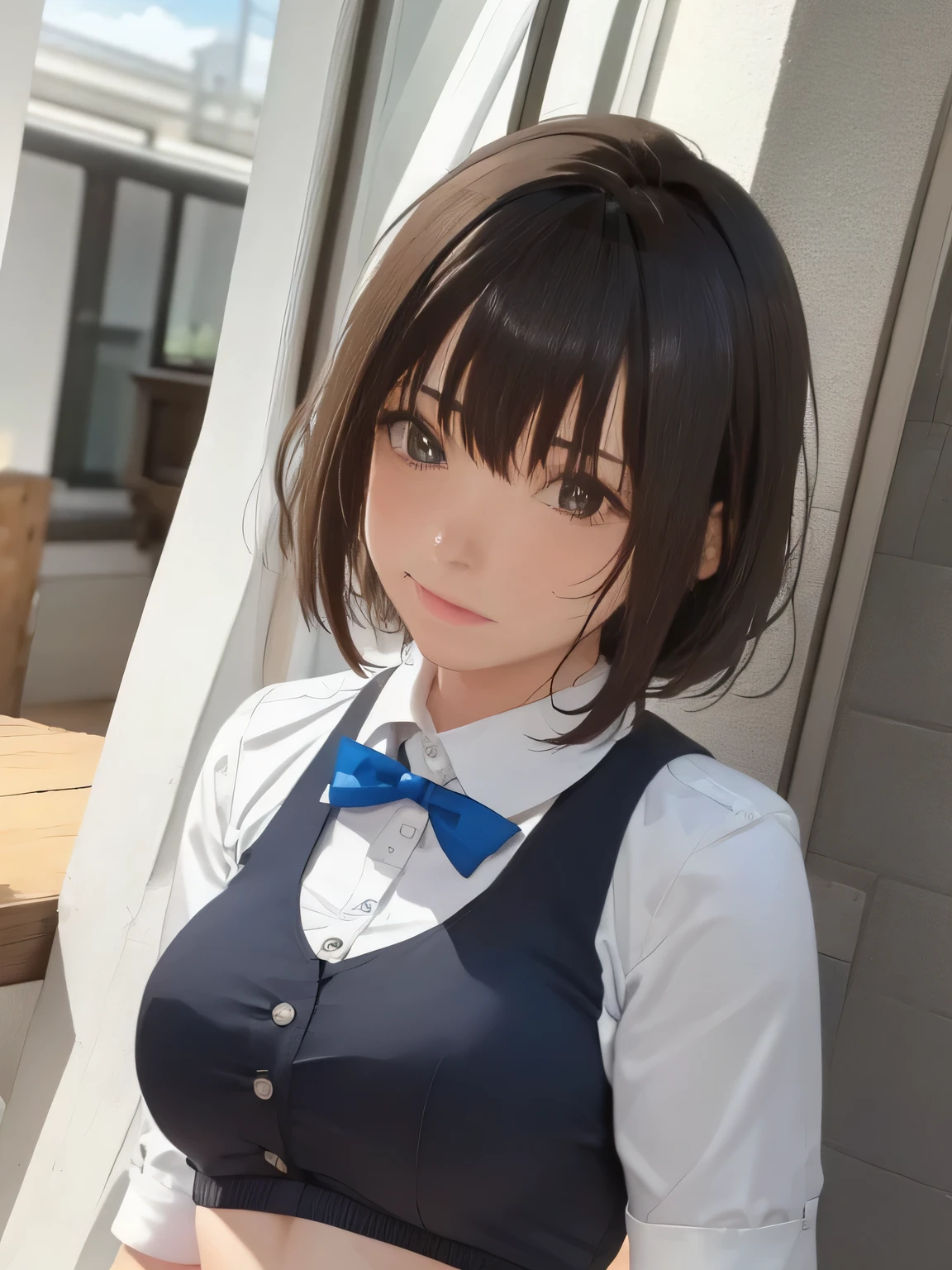 Appearance: Brown hair in a short bob with a blue ribbon
Expression: Blushing face, tears in eyes, slightly gritting teeth with saliva visible
Condition: Slightly sweaty
Background: Simple white background