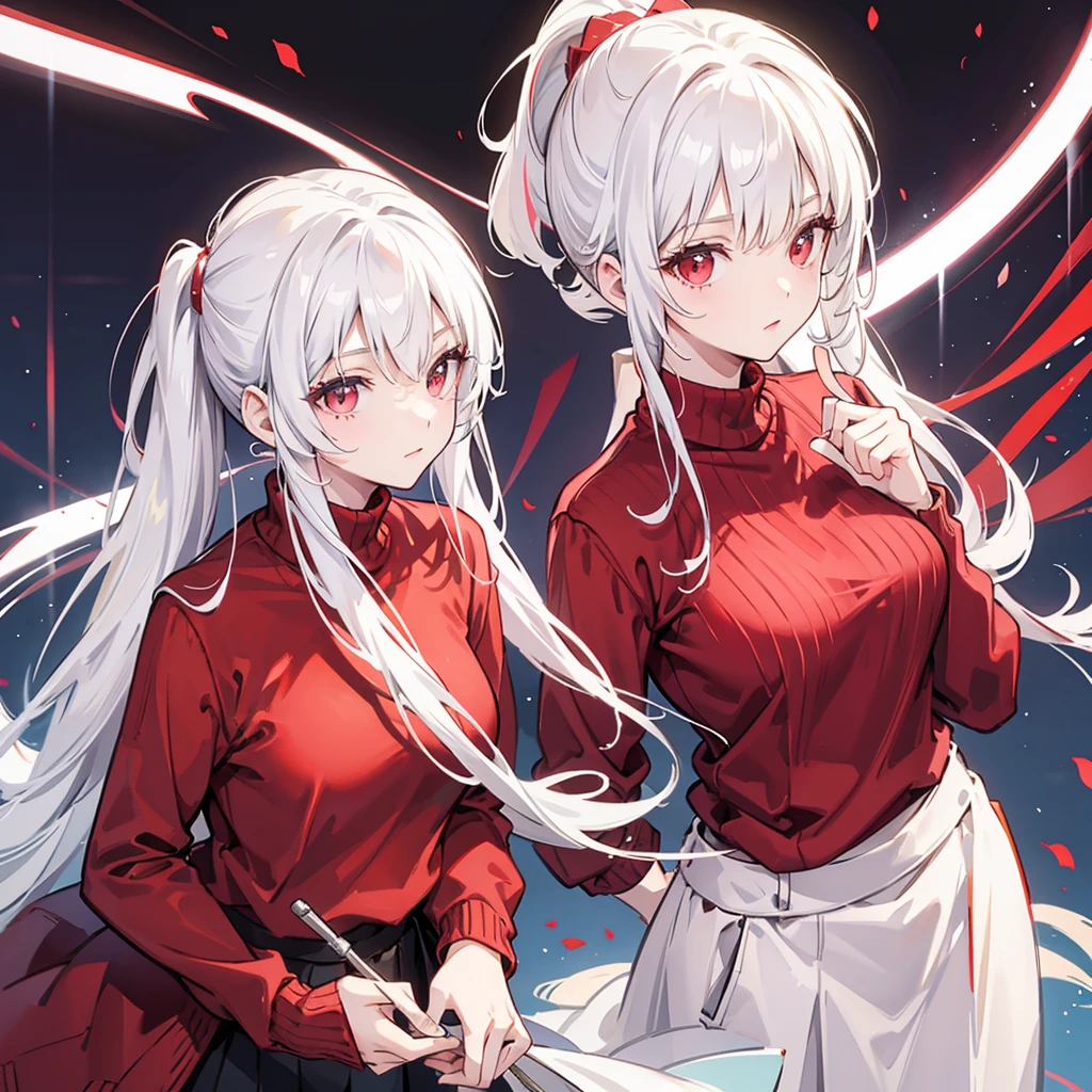 Wearing a red sweater with a high ponytail,Beautiful figure,White hair