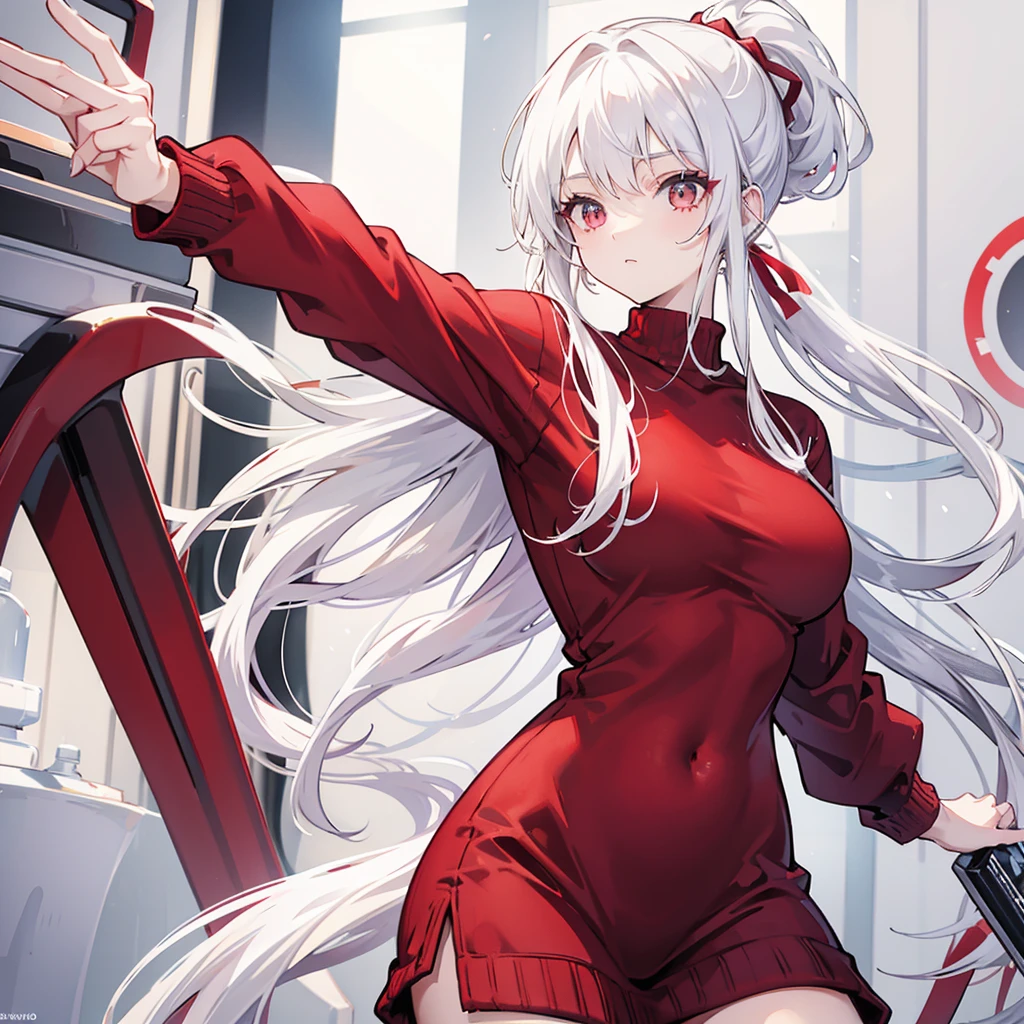 Wearing a red sweater with a high ponytail,Beautiful figure,White hair