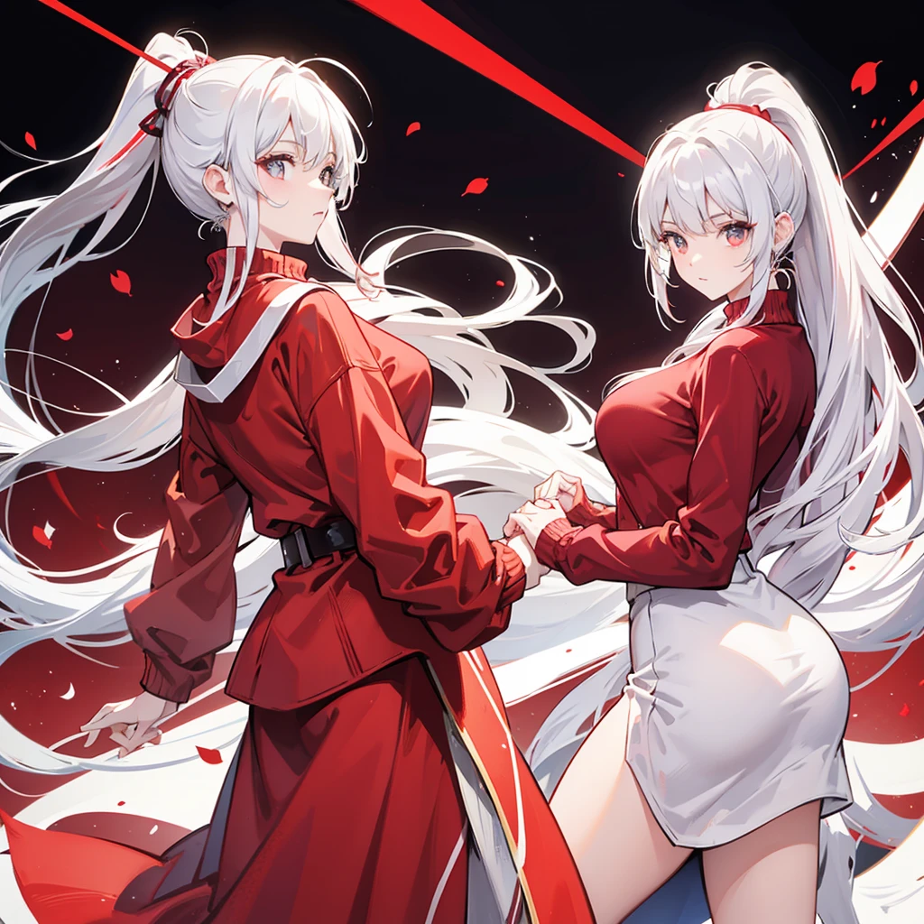 Wearing a red sweater with a high ponytail，Beautiful figure，White hair
