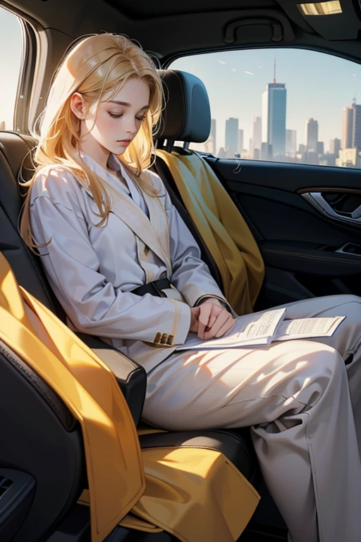 ((work of art)), ((best qualityer)), 8K, High definition, super detaill, 31 years, (1homem), (standard suit of a CEO), (Scattered Golden Hair Shawl), (Closed eyes expression) (Sleeping in a car 1.6) (Full body screen 1.4) The work of art is a masterpiece, com a best qualityer e super detalhe, captured in 8K High definition. Photographic realisitic, realisitic, very detailed illustrations realisitic, octane rendering
