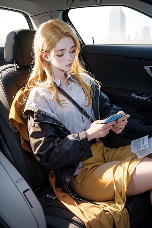 ((work of art)), ((best qualityer)), 8K, High definition, super detaill, 31 years, (1homem), (standard suit of a CEO), (Scattered Golden Hair Shawl), (Closed eyes expression) (Sleeping in a car 1.6) (Full body screen 1.4) The work of art is a masterpiece, com a best qualityer e super detalhe, captured in 8K High definition. Photographic realisitic, realisitic, very detailed illustrations realisitic, octane rendering