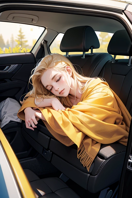 ((work of art)), ((best qualityer)), 8K, High definition, super detaill, 31 years, (1homem), (standard suit of a CEO), (Scattered Golden Hair Shawl), (Closed eyes expression) (Sleeping in a car 1.6) (Full body screen 1.4) The work of art is a masterpiece, com a best qualityer e super detalhe, captured in 8K High definition. Photographic realisitic, realisitic, very detailed illustrations realisitic, octane rendering