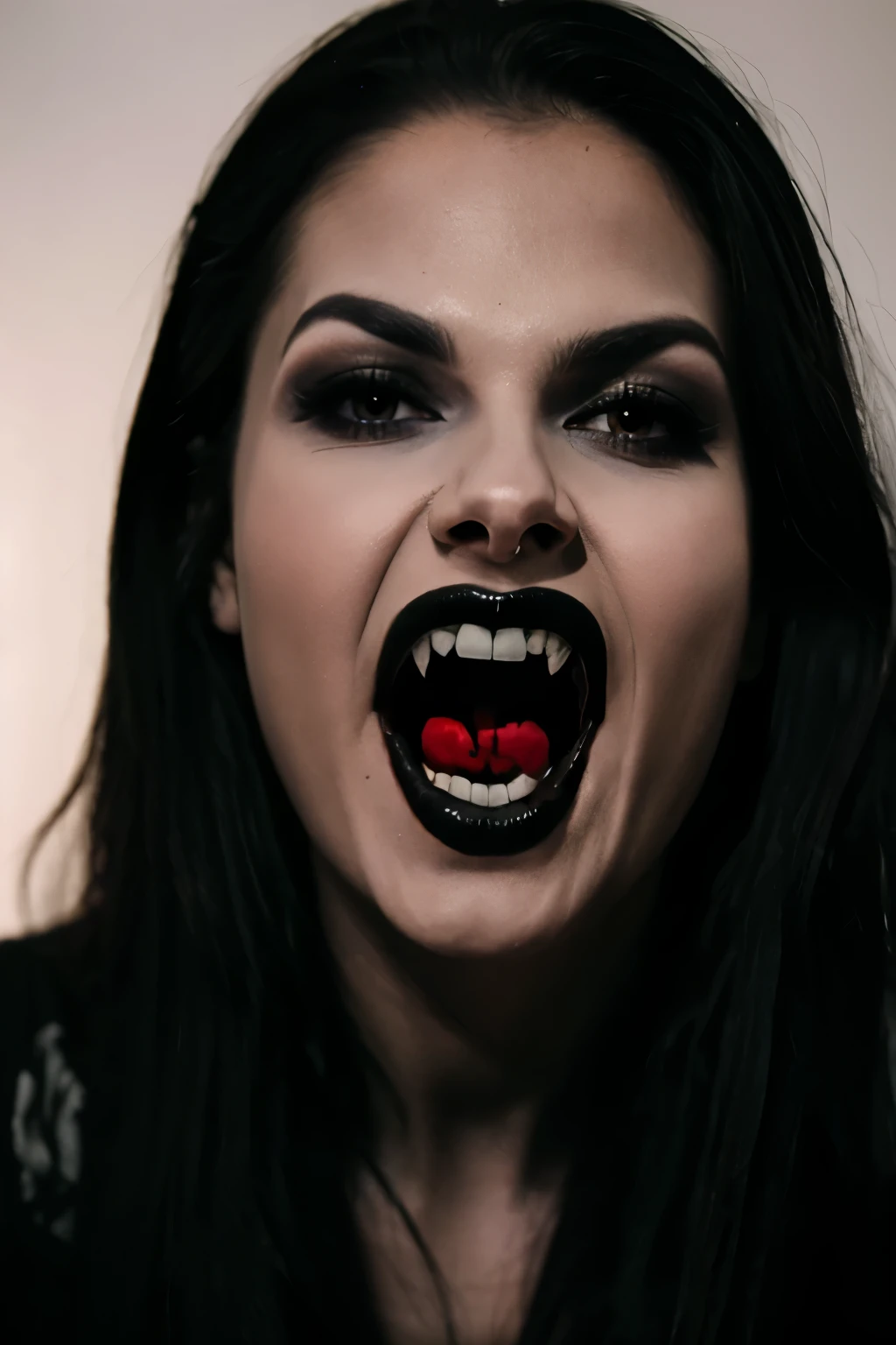 (masterpiece, top quality, best quality, official art, beautiful and aesthetic:1.2), (black and white:1.5), a pale Vampire girl with white skin, long hair flowing, black hair, ((open mouth, vampire teeth)), (((angry face))), ((blood dripping from mouth)), demon behind in all black, occult, oil painting:1.5, gloomy, holy, dark backgroound, black background, a dark shadow behind.