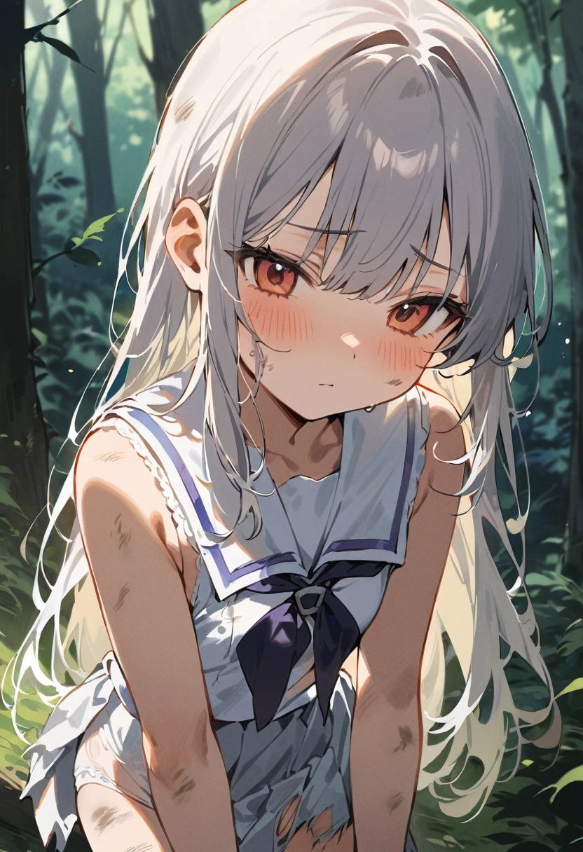 beautiful detailed girl,(masterpiece,best quality,extremely detailed:1.2),((cowboy shot:1.1)),(solo,10 years old,kawaii,slender,small breasts:1.25),(pained look:0.8),((white underwear) in ((Torn school uniform)):2),(dirty:2),blush,shy,weep,standing,(deep forest:1.5),(hug:0.4),rating: general, newest,Sexy face,(primitive:1.1)