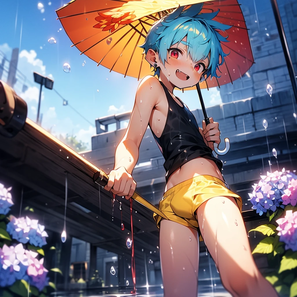 (solo:2), (boldline:-1.6), (illustration:1.5), (holding yellow see throgh umbrella:1.8), (arched back:1.5), ((bubble)), (standing:1.5), (((fang))), (((best finger))), BREAK (best quality:1.5), (absolutely resolution:1.5), (ultra detailed:1.5), (masterpiece:1.5), (perfect face), (detailed face), (detailed eyes), (best eyes), (cute face), (shota:2), BREAK (black tank top:1.75), BREAK (white loincloth:1.5), (see throgh wet clothes:1.5), (bulge:1.6), (skinny:1.3), BREAK (light blue hair:1.5), ((spiked hair)), BREAK (wine red eyes:1.4), (eyes with highlight:1.6), ((mole under eye)), (sweaty skin), (chuckling:1.4), ((earrings)), (shiny skin:1.3), BREAK (garden), (purple hydrangea on ground:1.4), (heavy rain:1.3), ((wind blowing)), ((nipple)), (abs), groin, water splashing, from below, wide angle,