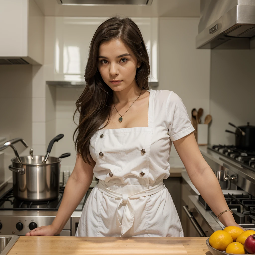 1girl in, 30 years old, Square face, Long hair, Looking at viewer, jewelry, Realistic, Sexy, chef outfit, kitchen background, free pose
