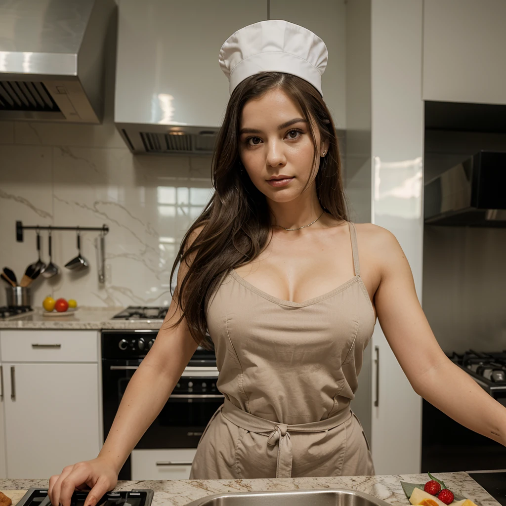 1girl in, 30 years old, Square face, Long hair, Looking at viewer, jewelry, Realistic, Sexy, chef outfit, kitchen background, free pose