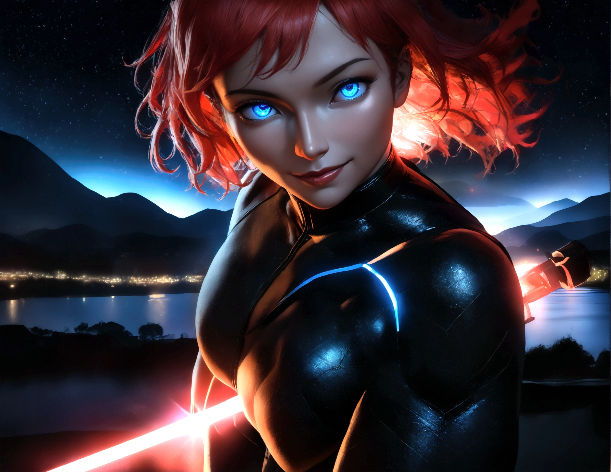 sexy man (masterpiece),(ultra detailed:1.1),(solo:1.2),(blue eyes:1.3),(short and vibrant red hair),(round face), smile,(black swordsman costume), (black gloves:1.1),(red nose:0.5),(beautiful ultra-detailed eyes, highly detailed skin, bright and glowing skin:1,1), (fitness body),(night landscape fantasy:1.1),(Physical Rendering, Professional Lighting, Photon Mapping, Radiosity, Soft Light,  Lens Reflection: 1.3), Tint Color,  