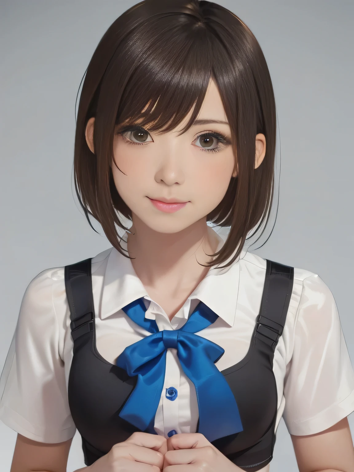 Appearance: Brown hair in a short bob with a blue ribbon
Expression: Blushing face, tears in eyes, slightly gritting teeth with saliva visible
Condition: Slightly sweaty
Background: Simple white background
