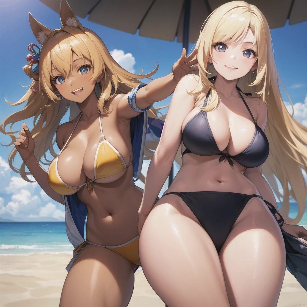 Realistic, 3 beautiful Japanese gals, Selfie, Face Enhancement, Face Zoom, Big smile, Long blonde hair, Wavy Hair, Dark Skin, Beach, bikini, Looking up from below