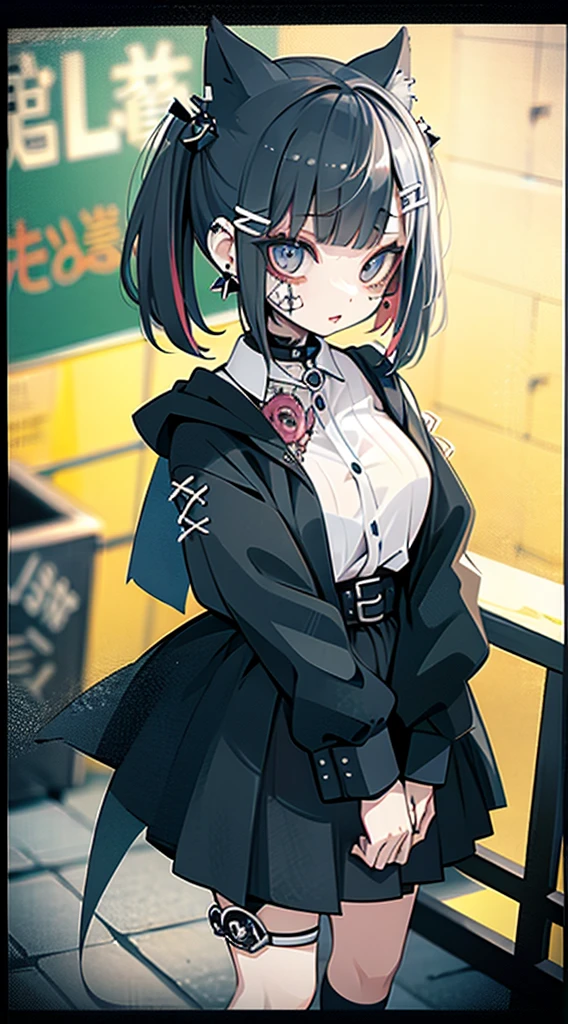 From above、Highest quality, Tabletop, Actress Photos, Age 25, beautiful, Observe your audience、Background white、Nike、Earringsの女性、Earrings、Laughter、(Colorful Hair), Black shorts、Blunt bangs、(Black Skirt)、(One Girl:1.5, alone), Photorealistic, High resolution, Akame, Korean, Cowboy Shot、Gothic, huge , (Perfect Anatomy:1.5),In a completely different expression