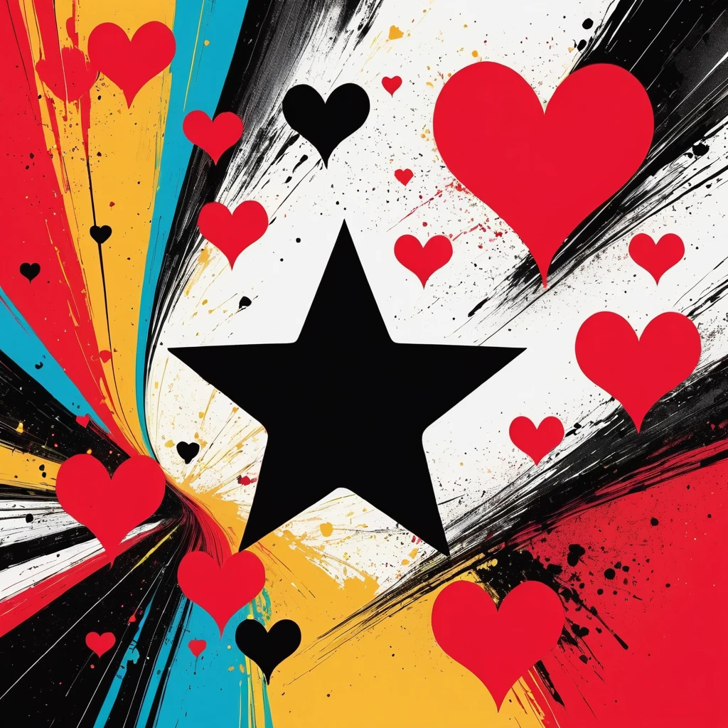 Black Star Red and White style, Simple Line Initialism,Abstract art,Urban Background, colorful hearts ,No people