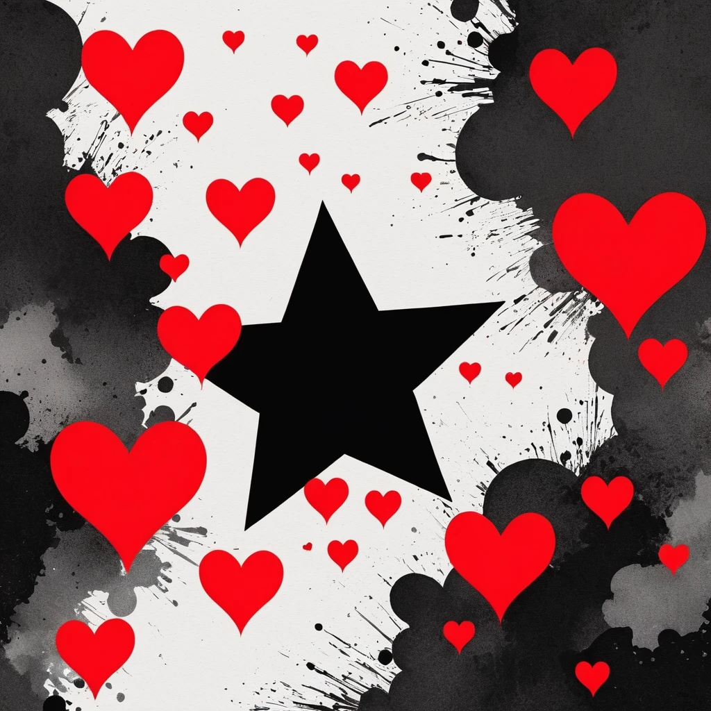 Black Star Red and White style, Simple Line Initialism，Abstract art，Urban Background, colorful hearts ,No people