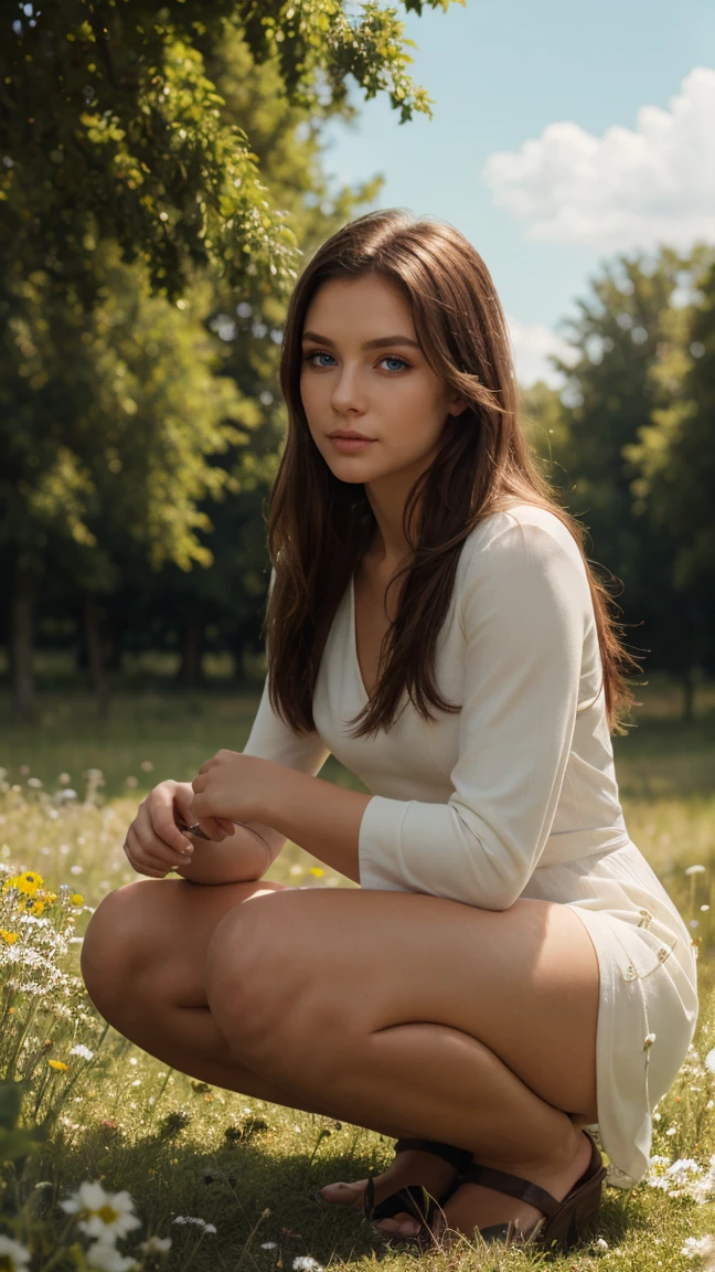 a girl squatting, a horse behind her, detailed facial features, beautiful detailed eyes, beautiful detailed lips, extremely detailed eyes and face, long eyelashes, brown hair, white dress, photorealistic, 8k, highly detailed, digital painting, fantasy landscape, sunlit meadow, warm colors, natural lighting, vibrant colors, intricate details