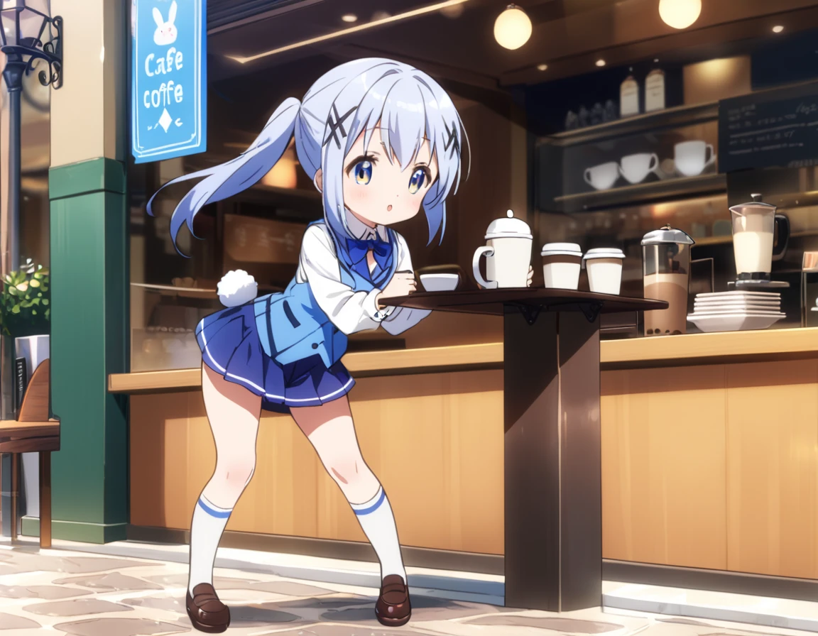 chino, best quality,perfect face, shining eyes, cafe,carrying a tray of coffee,****,full body,blue vest,short skirt,rabbit ornaments, leaning forward,from front view