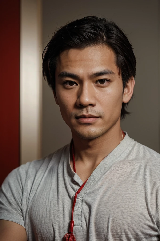 there is a handsome Asian man wearing a red lanyard around his neck, selfie shot straight on angle, taken on a 2010s camera, looking straight to camera, twitch streamer / gamer ludwig, looking straight to the camera, looking towards the camera, profile picture 1024px, taken in the late 2010s, sexy, chiseled jawline, clean shaven, not wearing glasses