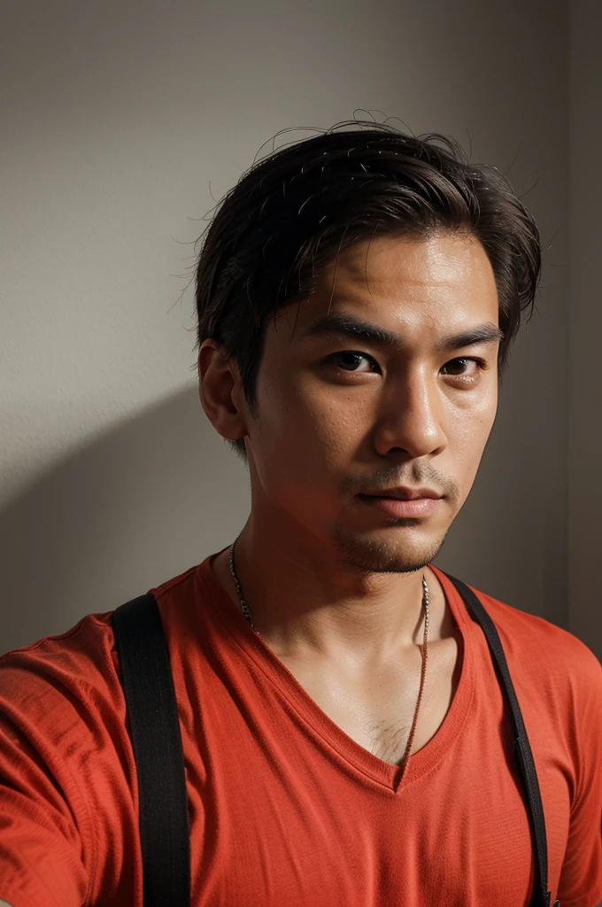 there is a handsome Asian man wearing a red lanyard around his neck, selfie shot straight on angle, taken on a 2010s camera, looking straight to camera, twitch streamer / gamer ludwig, looking straight to the camera, looking towards the camera, profile picture 1024px, taken in the late 2010s, sexy, chiseled jawline, clean shaven, not wearing glasses