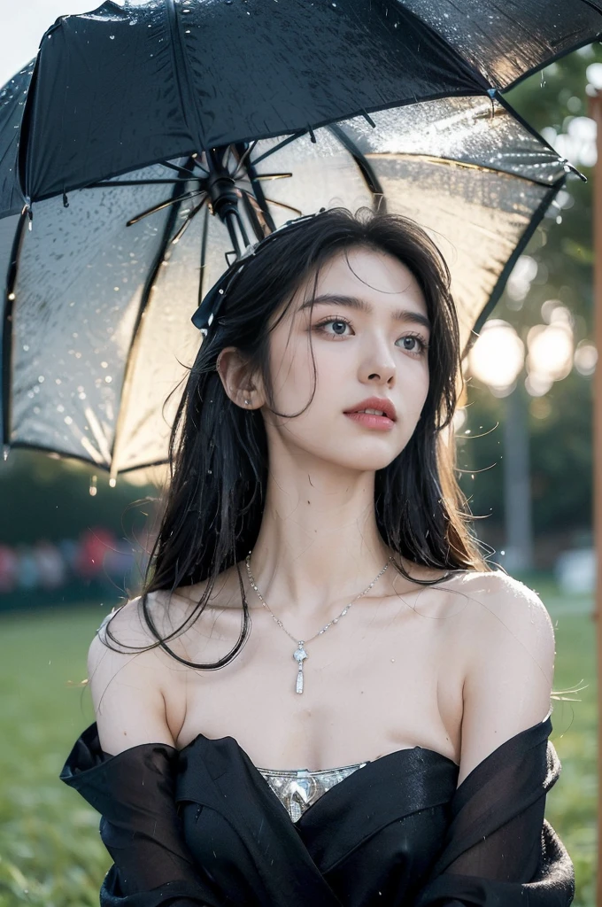 (((best quality))),(((ultra detailed))),(((masterpiece))),illustration,1 beautiful girl,solo,slim,thin,flat chest,shoulder length straight bob hair,flowing hair,fair skin,(shiny skin:1.3),sparkling eyes,blue dress,delicate necklace,grass,dewdropletts,trees,bird chirping,serenity,gratitude,awe,wonders of nature,peace,contentment,magnificent world,summer,(pitch-dark dawn:1.5),(night scene:1.3),upper body,from front,(after rain:1.3),(wet:1.3),standing,dark clouds,confident gaze,elegant posture,mysterious atmosphere,solemn mood,deep blue sky,dawn approaching,detailed decorations