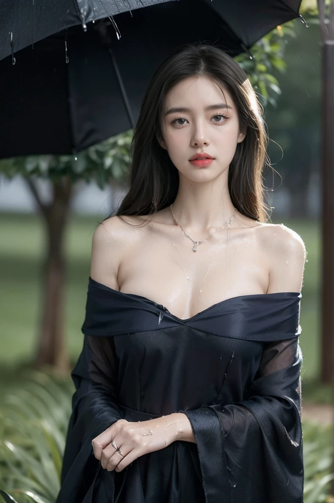 (((best quality))),(((ultra detailed))),(((masterpiece))),illustration,1 beautiful girl,solo,slim,thin,flat chest,shoulder length straight bob hair,flowing hair,fair skin,(shiny skin:1.3),sparkling eyes,blue dress,delicate necklace,grass,dewdropletts,trees,bird chirping,serenity,gratitude,awe,wonders of nature,peace,contentment,magnificent world,summer,(pitch-dark dawn:1.5),(night scene:1.3),upper body,from front,(after rain:1.3),(wet:1.3),standing,dark clouds,confident gaze,elegant posture,mysterious atmosphere,solemn mood,deep blue sky,dawn approaching,detailed decorations