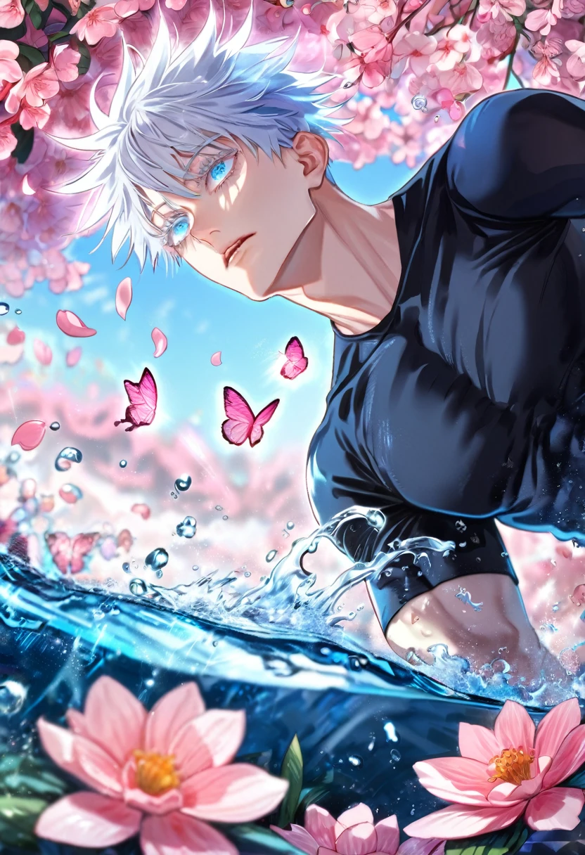 Absurd, High resolution, Super detailed, High resolution, masterpiece, Highest quality, gojou satora, Gray Hair, Expressive blue eyes, White eyelashes, JUJUTSU KAİSEN, Black tight t-shirt, alone, Sexy man, good looking, Fantasy, The Shining, water, Pink Flower, Pink Flower, Pink butterfly, Pink Flowerびら