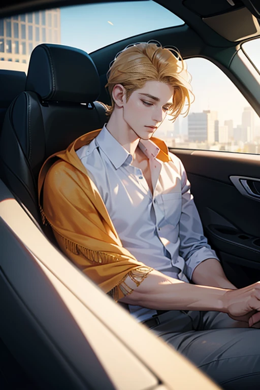 a man sleeping in a car, 31 years old, wearing a standard CEO suit, with scattered golden hair shawl, closed eyes expression, full body, best quality, 8K, high definition, super detailed, photorealistic, realistic, very detailed illustrations, octane rendering
