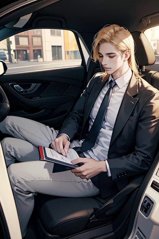a man sleeping in a car, 31 years old, wearing a standard CEO suit, with scattered golden hair shawl, closed eyes expression, full body, best quality, 8K, high definition, super detailed, photorealistic, realistic, very detailed illustrations, octane rendering