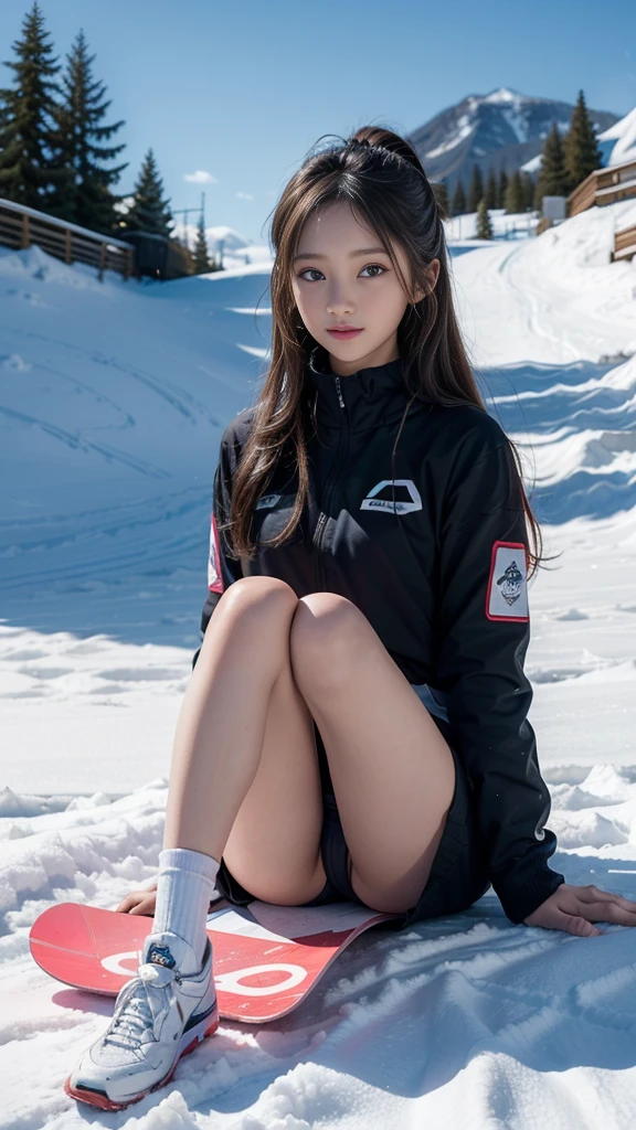 (A beautiful girl is sitting on a snowboard on the slope), (Outstanding style), ((Perfect Anatomy)), ((Detailed eyes and face:1.2, Professional photography techniques)), (Panty shot, Captivate those around you), Ultra-detailed, (Idol Face, Super cute face)