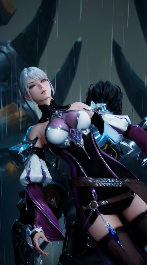 a beautiful anime-style woman with black and purple outfit riding a motorcycle, 8k photo, unreal engine rendering + goddess, sharp silver armor with purple skin, a beautiful female war armor, silver ice-reflective armor, from ncsoft, hyper-realistic 8k octane render, fantasy style 8k octane render, 4k detailed fantasy
