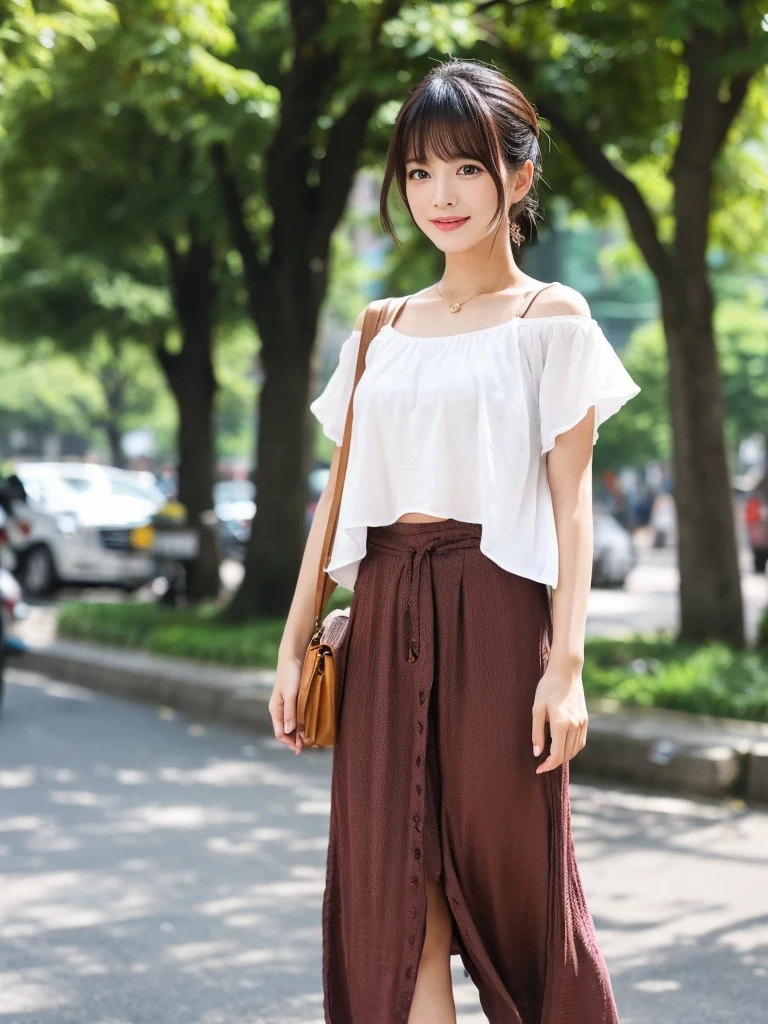 Asian beauty　
Hair style is hash-cut
summer clothes
The background is a street tree