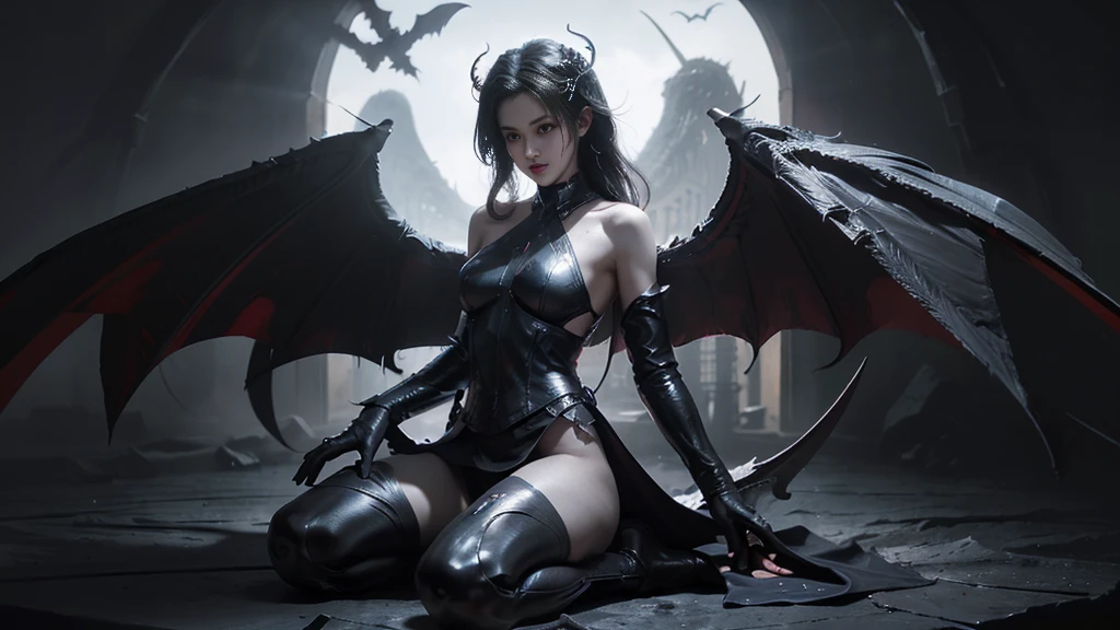 emphasis on wings, (Realistic picture, highest resolution, 16K), (A demon god with wide wings and enormous power on his shoulders..., Twelve wings on the shoulders., black bat wings:1.3 white angel wings:1.5), Have wings 100 Have wings 1000, (Beautiful girl with two meter long hair, shiny black hair, Smooth white skin, very red lips), ((stand, already)), (หน้าอกbig, หัวbig tits), (gigantic breast, small waist, hips raised, small thighs, Long legs), (dynamic poses), Separate theme, (Angel wings and devil wings), floating in the air above the ground, background darkness, Embraced with twelve wings, ปีกSeparate themeชัดเจน, Angel wings and devil wings, white and black wings, ทรงสวมมงกุฏขนาดbig, The busiest breasts, big , Porn, just, exposed body, tight, All smooth., see the whole body, full body,