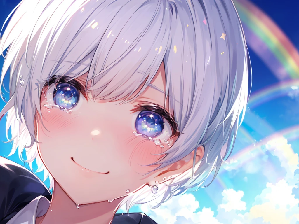 (((Extreme close-up　tears　smile　Low - Angle)))　((輝くtears　Rainbow Eyes　Short Hair　Receiving the light　Rainbow light))　(Shining Edge)