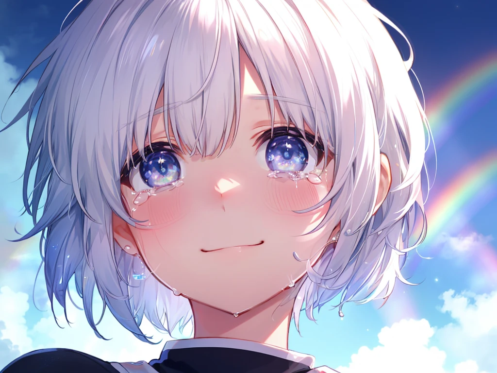 (((Extreme close-up tears smile Low - Angle))) ((輝くtears Rainbow Eyes Short Hair Receiving the light Rainbow light)) (Shining Edge)