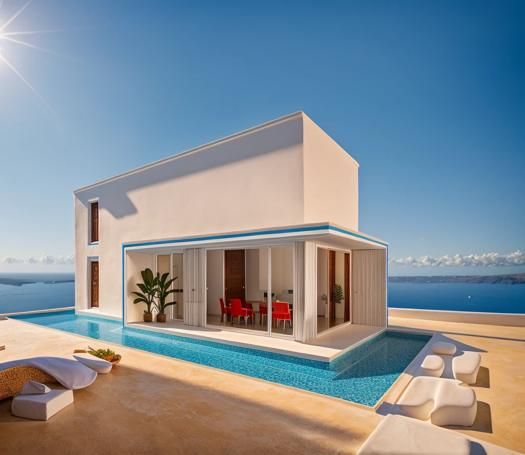 (1 santorini style house, The town house is made from white walls and some walls are painted bright blue)), beautyful light, beautyfulday, sunny, Many red bougainvilleas along the road:1.3, lovely youthful feeling :1.2, sunlight at 12 noon, Very beautiful shadows