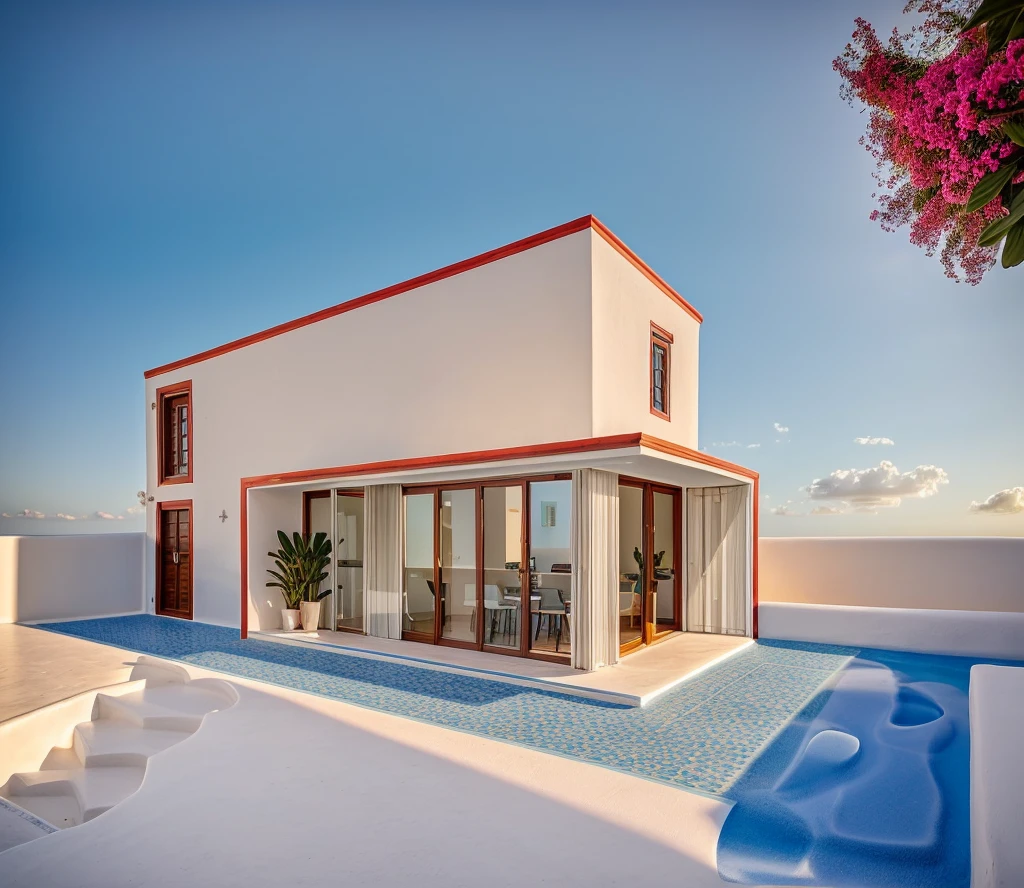 (1 santorini style house, The town house is made from white walls and some walls are painted bright blue)), beautyful light, beautyfulday, sunny, Many red bougainvilleas along the road:1.3, lovely youthful feeling :1.2, sunlight at 12 noon, Very beautiful shadows