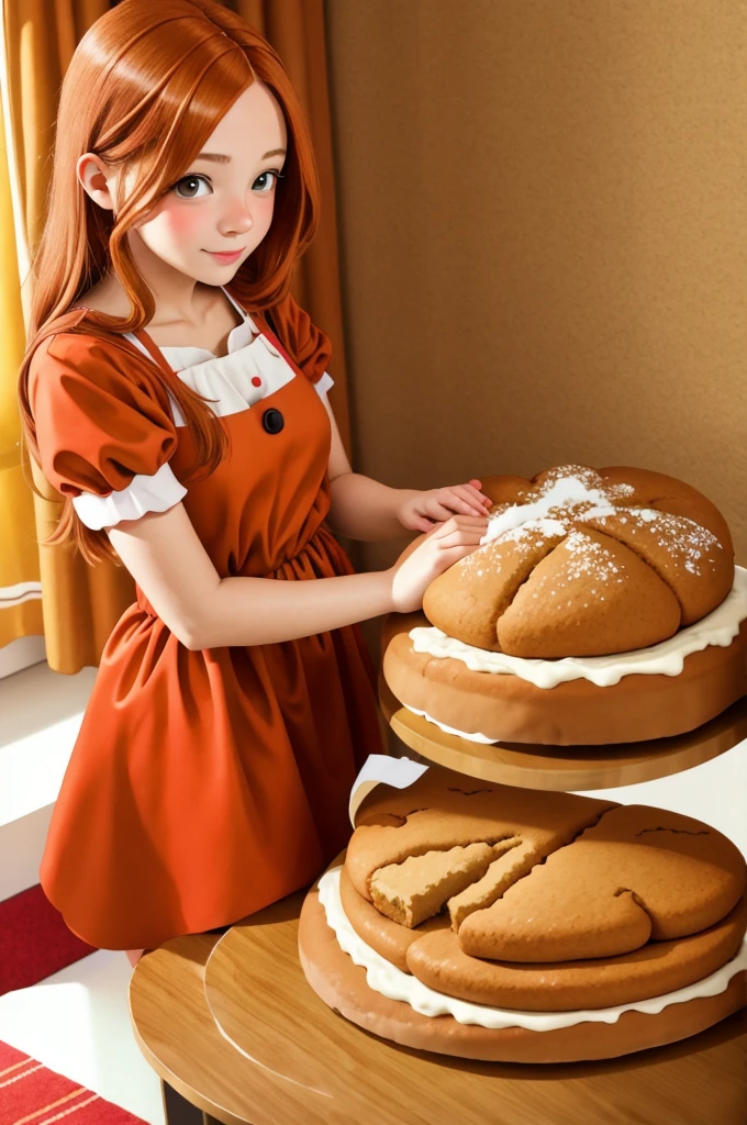 young woman, Orange Hair, Hazel Eyes, (Gingerbread Dress) kitchen