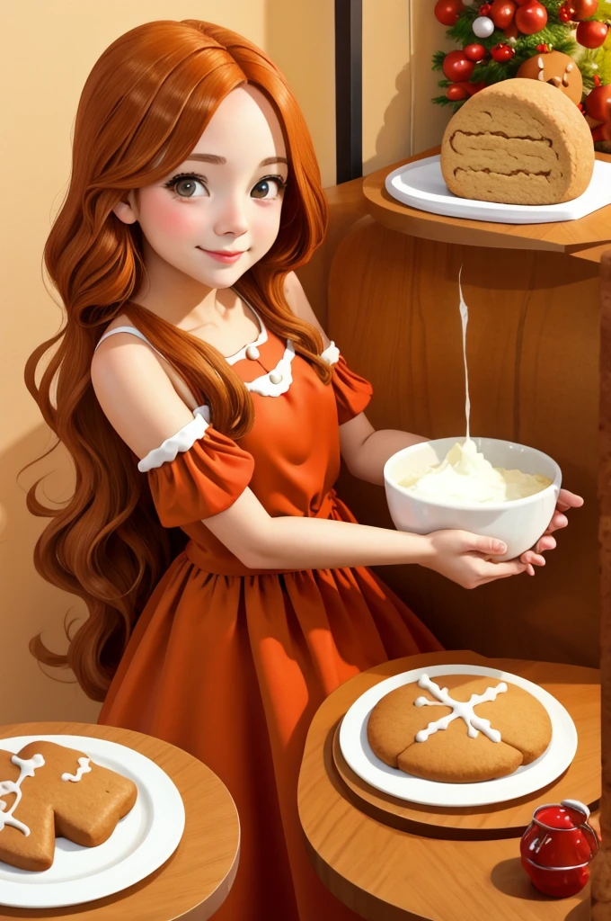 young woman, Orange Hair, Hazel Eyes, (Gingerbread Dress) kitchen