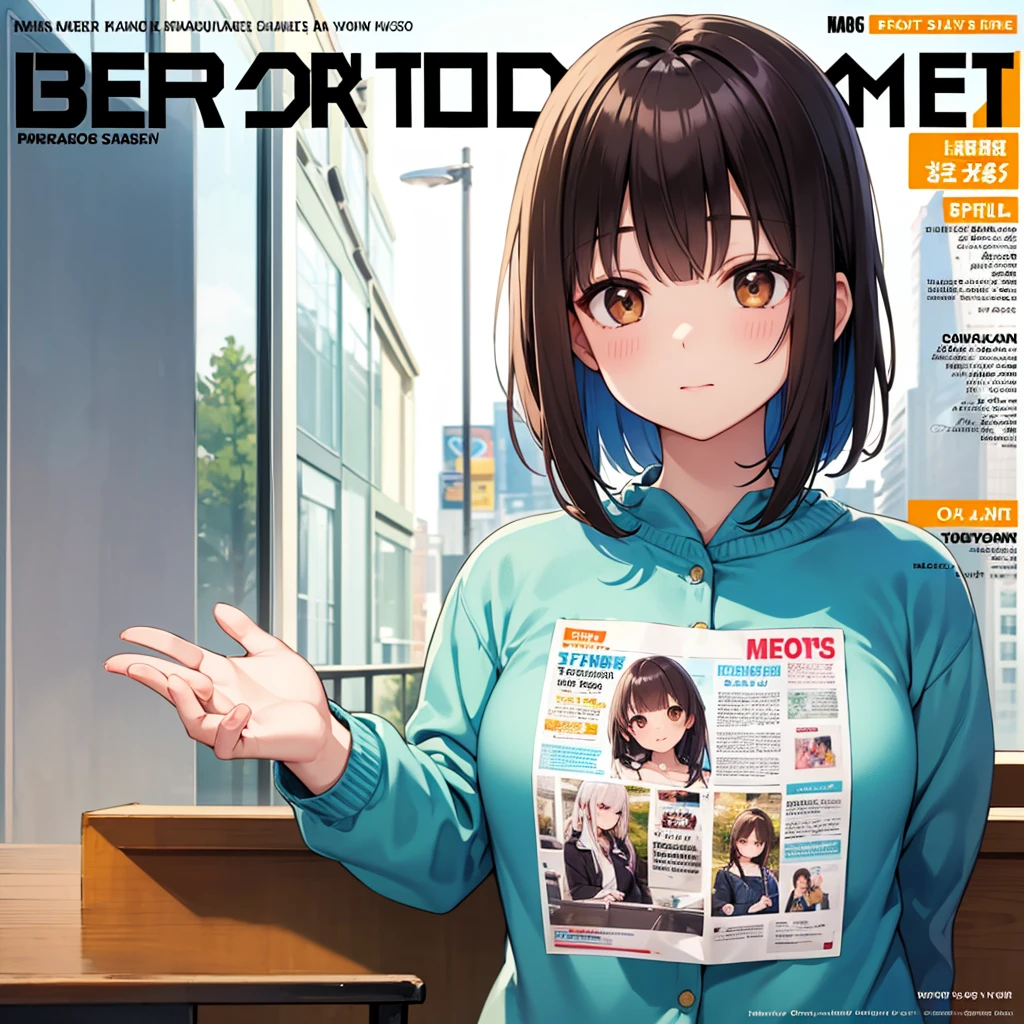 masterpiece, best quality, Spring Clothing, Colorful hair, outdoor, magazine cover ,Upper Body, Brown eyes with bangs