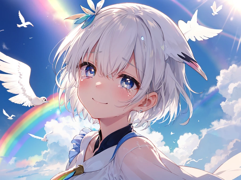 (((Extreme close-up tears smile Low - Angle Dove of peace))) ((輝くtears Rainbow Eyes Short Hair Receiving the light Rainbow light)) (Shining Edge)